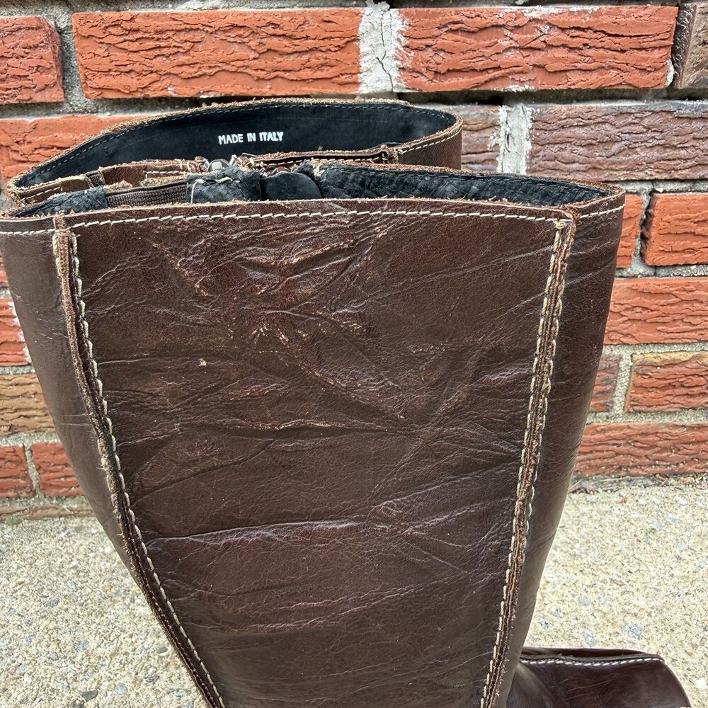 Vintage Brown Leather Wedge Boots Womens IT 39 US 8.5 Knee High Square Toe Y2K - Picture 7 of 15